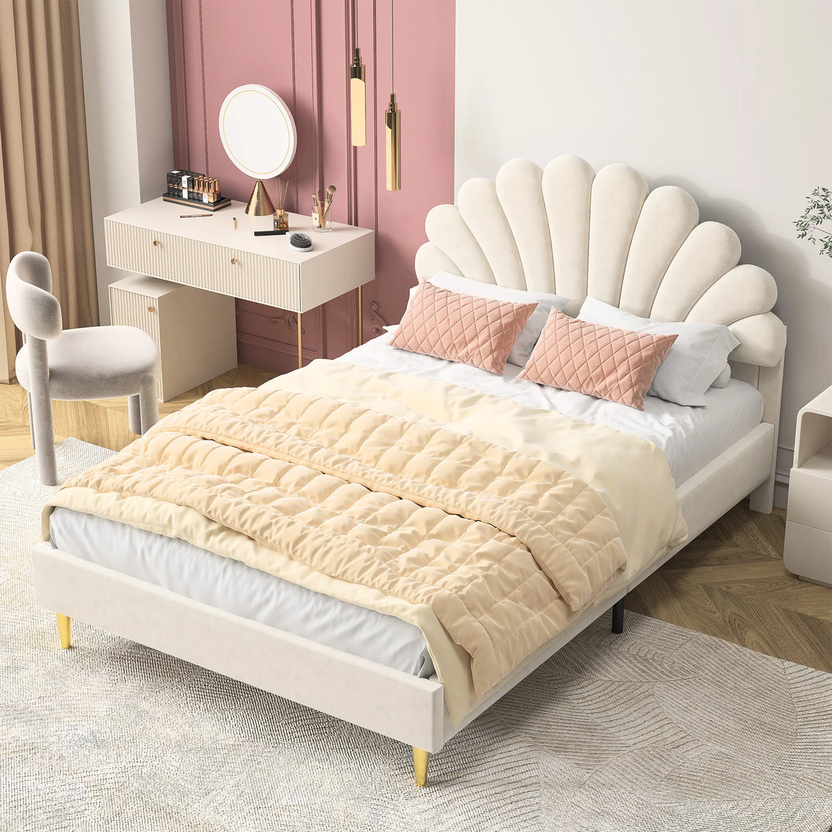 Anajqaqia Upholstered Double Bed, Bed Frame with Flower-Shaped Headboard, Velvet Fabric, Beige,140x200cm