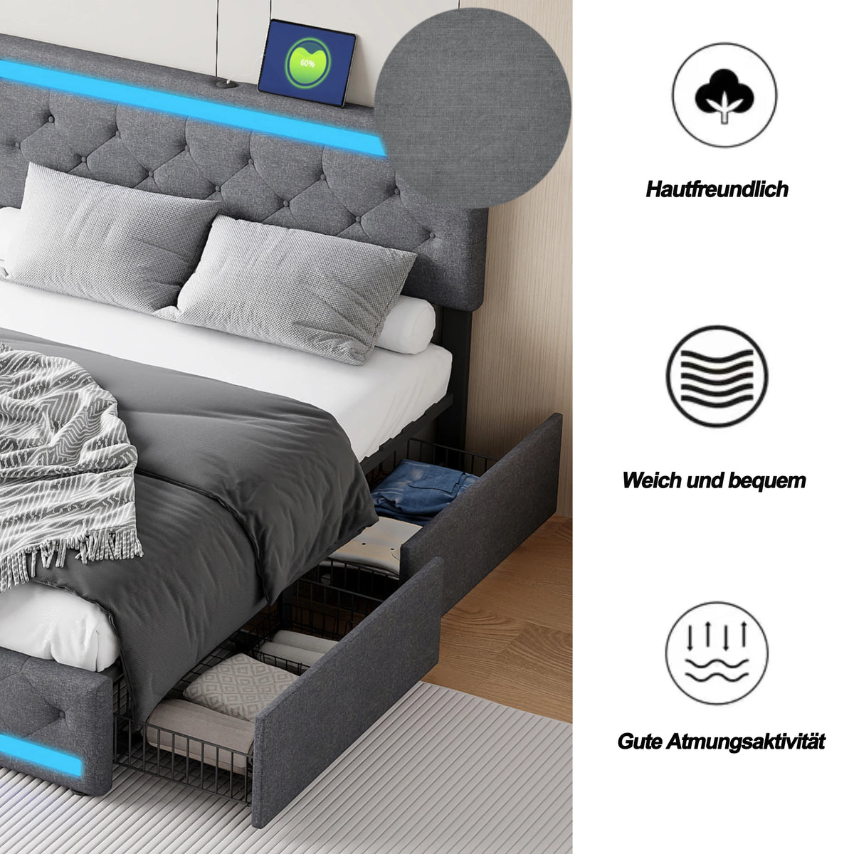 Fangange Upholstered Double Bed with LED Lighting, USB Charging Function and 4 Drawers, Storage Bed with Wooden Slatted