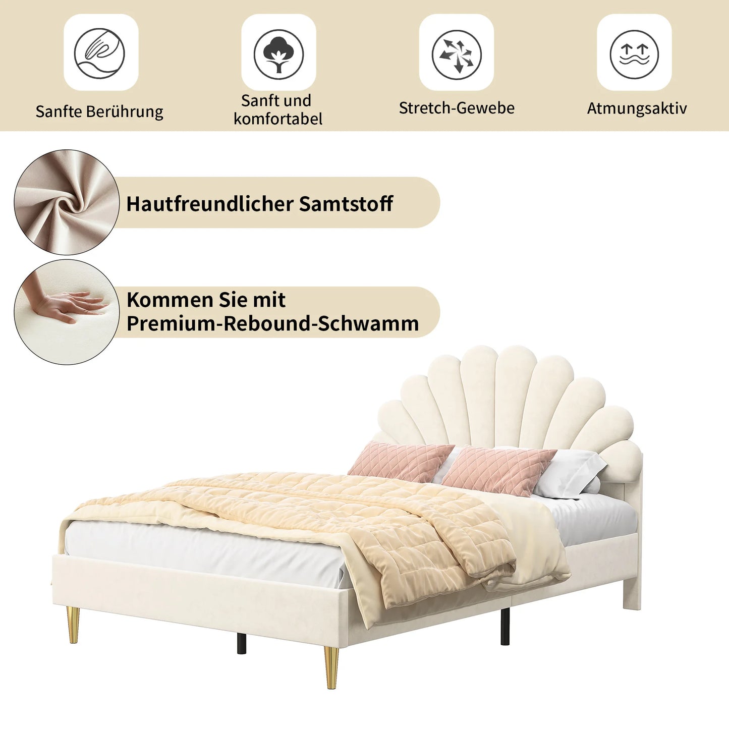 Anajqaqia Upholstered Double Bed, Bed Frame with Flower-Shaped Headboard, Velvet Fabric, Beige,140x200cm