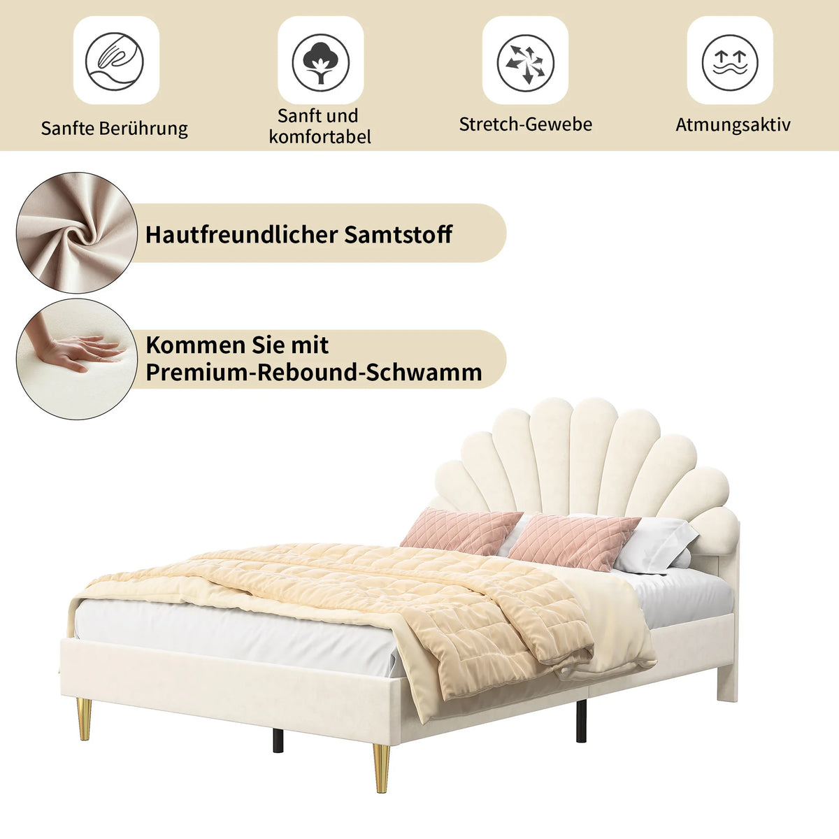 Anajqaqia Upholstered Double Bed, Bed Frame with Flower-Shaped Headboard, Velvet Fabric, Beige,140x200cm