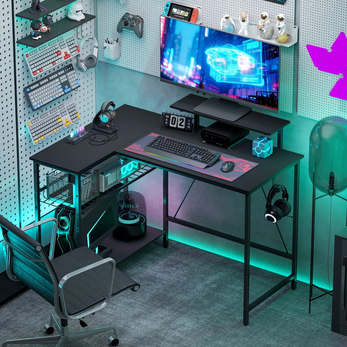 HOMCOM desk gaming reversible 114,5x82 cm, desk angle gaming with screen holder and adjustable mesh shelf, tabl
