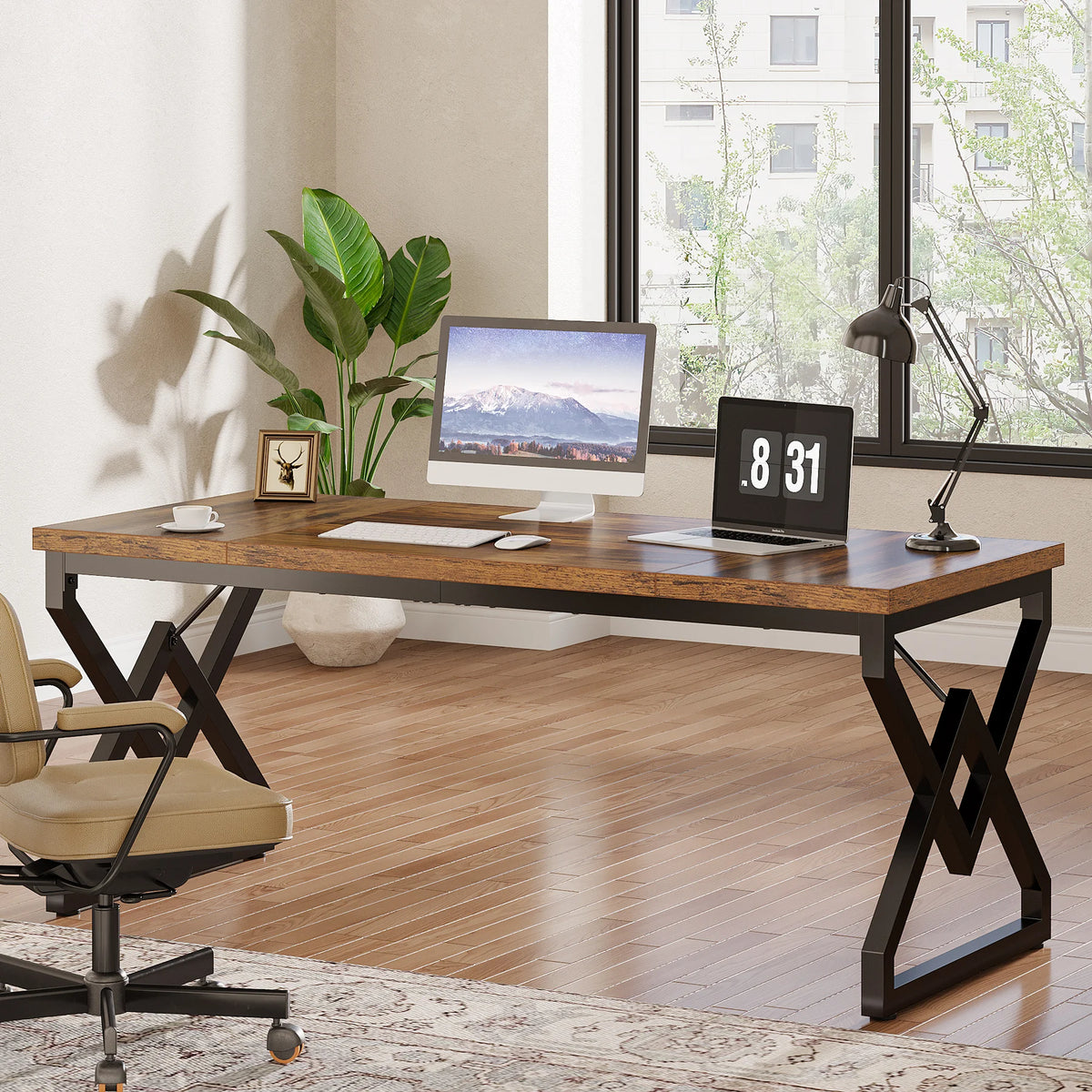 Tribesigns Executive Desk, Office Desk with Extra Thickened Wooden Tabletop and Metal Frame, Large 63 Inches Computer Desk