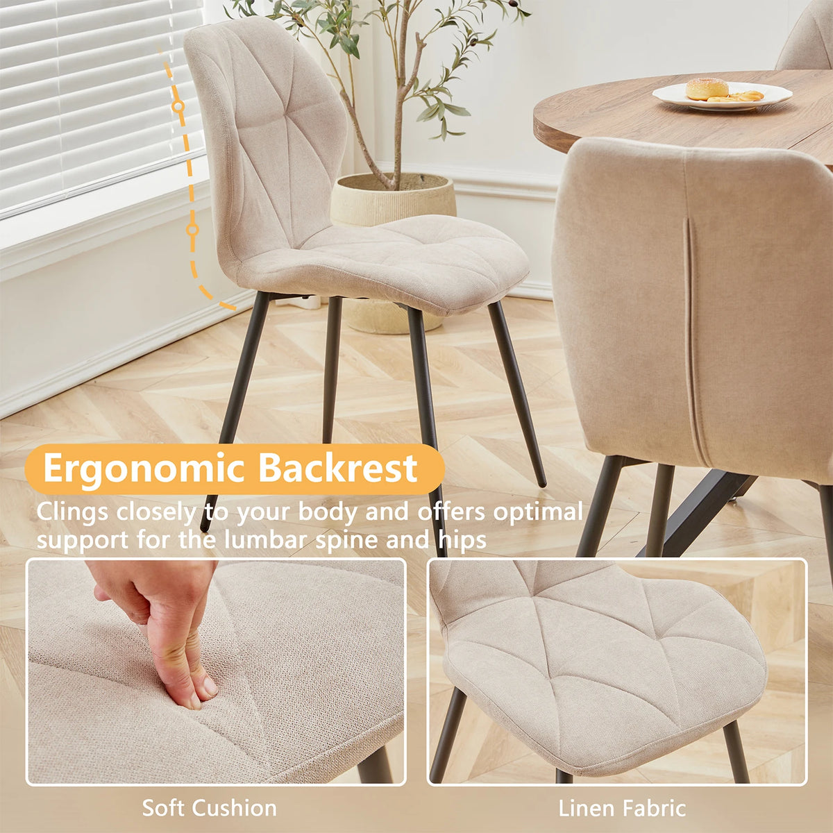 EGOONM Set of 2/4/6 Dining Chairs Upholstered Padded Linen Fabric Kitchen Chairs Metal Legs for Balcony Restaurant  Dining Room