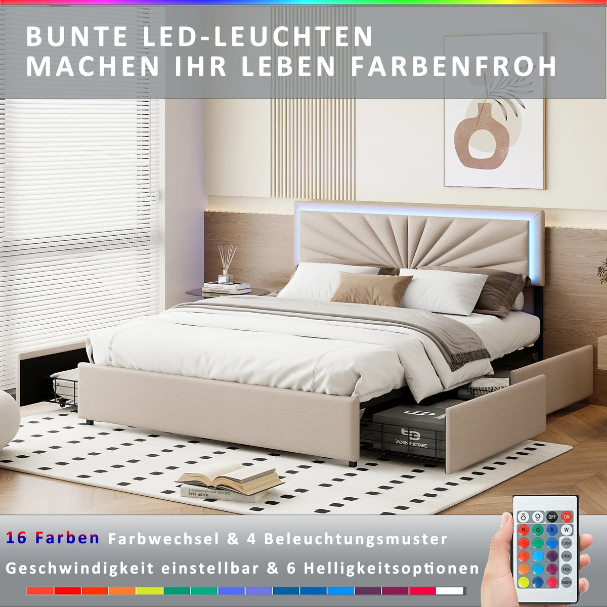 Modern Bed with LED Lighting,4 Drawers,140/160x200cm Double Bed with Height-Adjustable Headboard,Robust Bed Frame,No Mattress