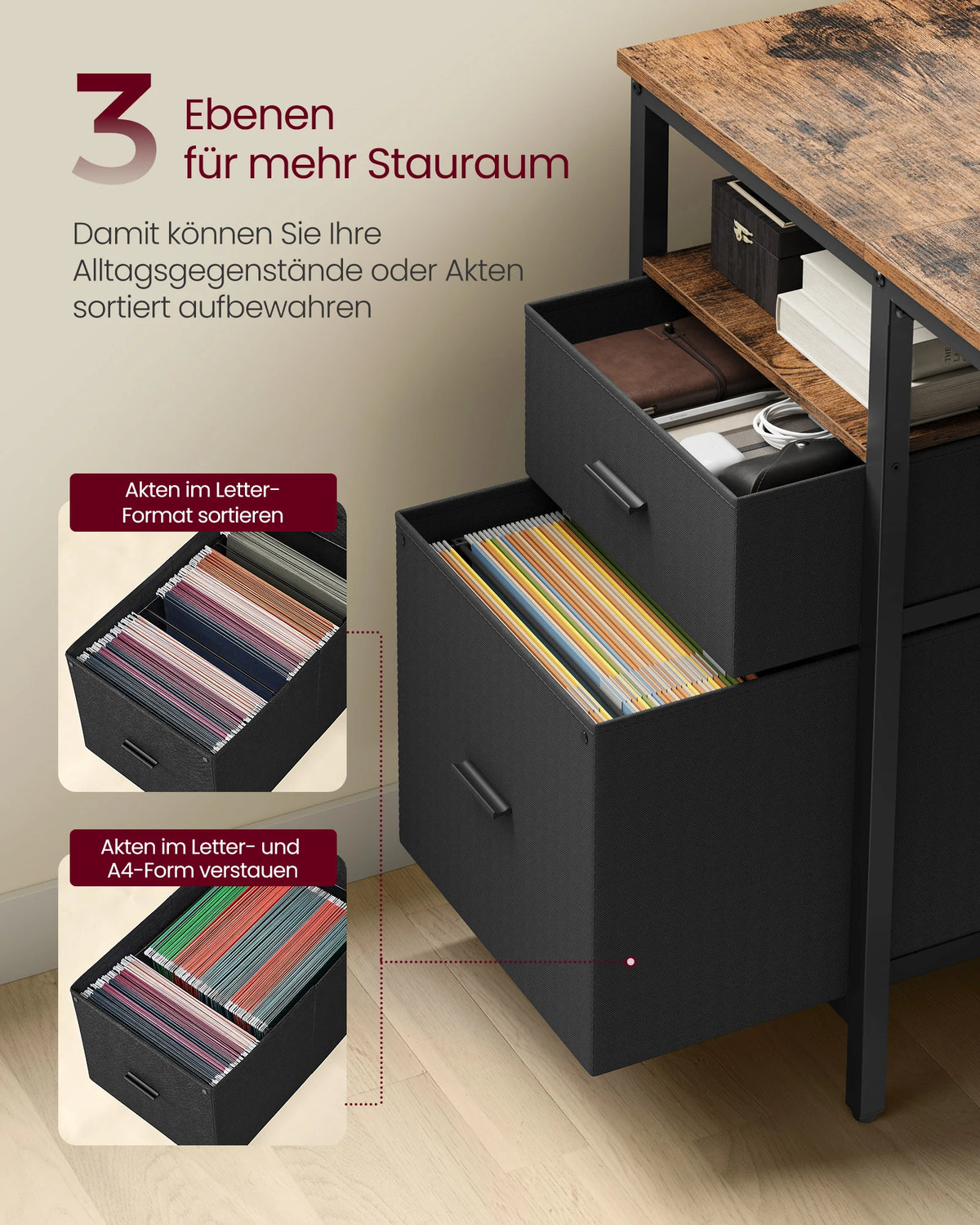 VASAGLE Computer table, office table, desk, with 3 shelves, 2 drawers, 60x140x76 cm, for office, living room