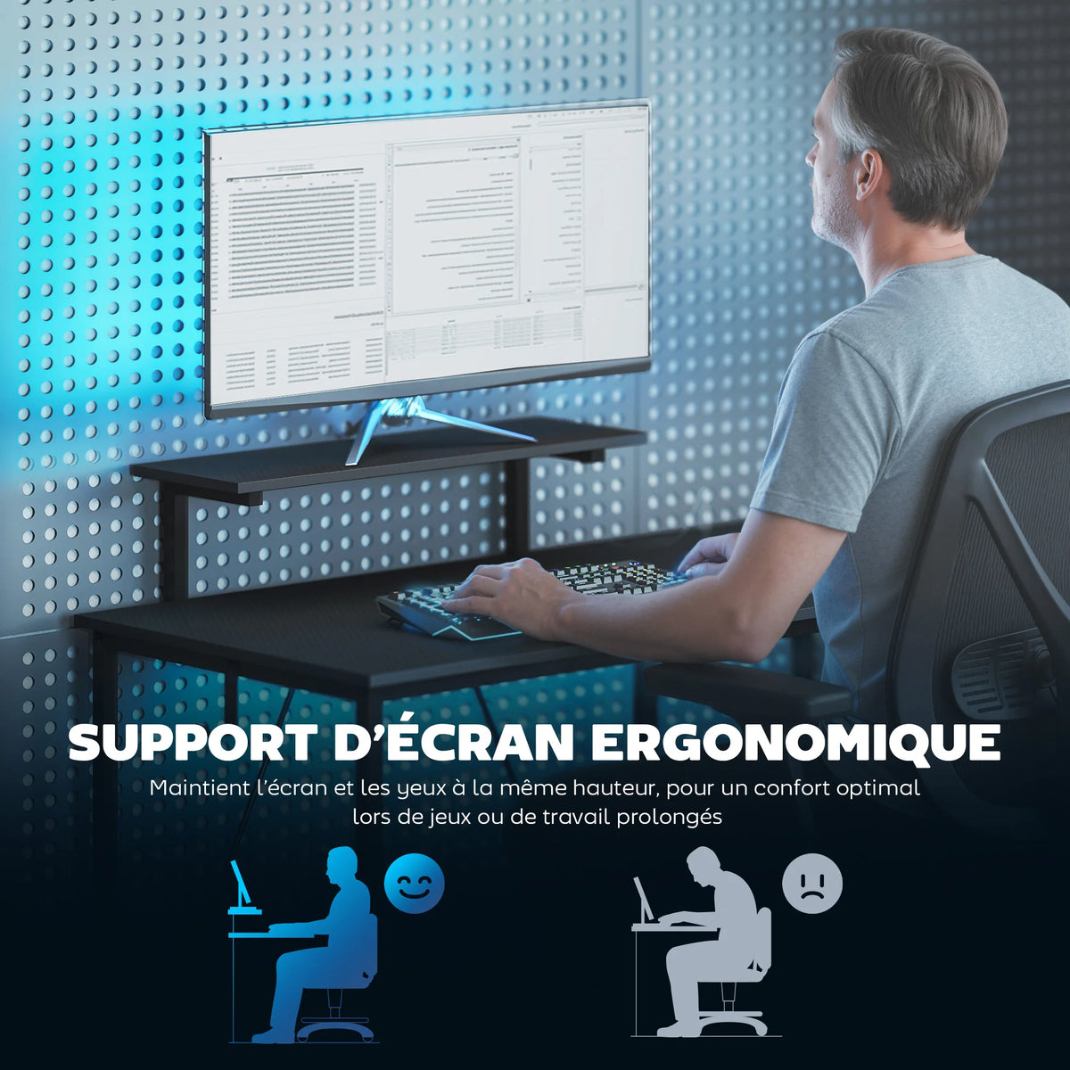 HOMCOM desk gaming reversible 114,5x82 cm, desk angle gaming with screen holder and adjustable mesh shelf, tabl