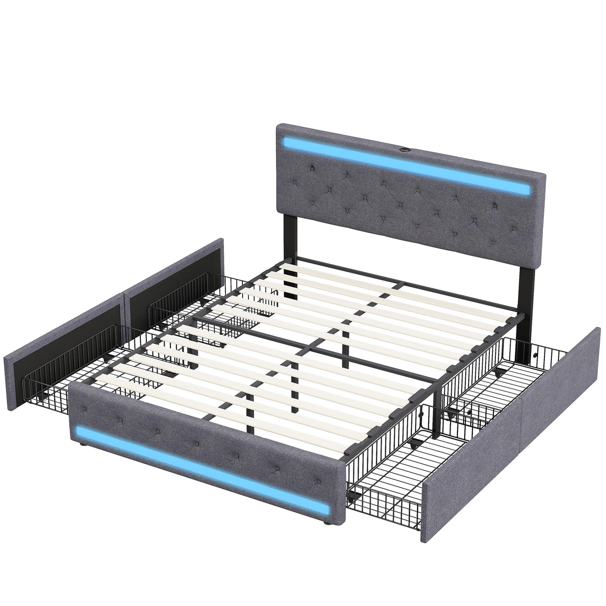 Fangange Upholstered Double Bed with LED Lighting, USB Charging Function and 4 Drawers, Storage Bed with Wooden Slatted