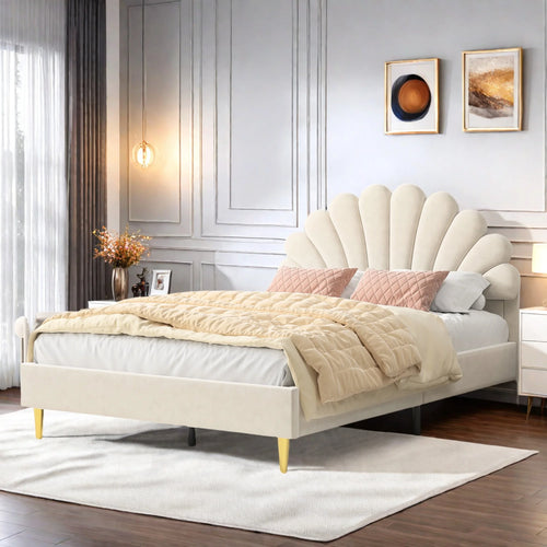 Anajqaqia Upholstered Double Bed, Bed Frame with Flower-Shaped Headboard, Velvet Fabric, Beige,140x200cm