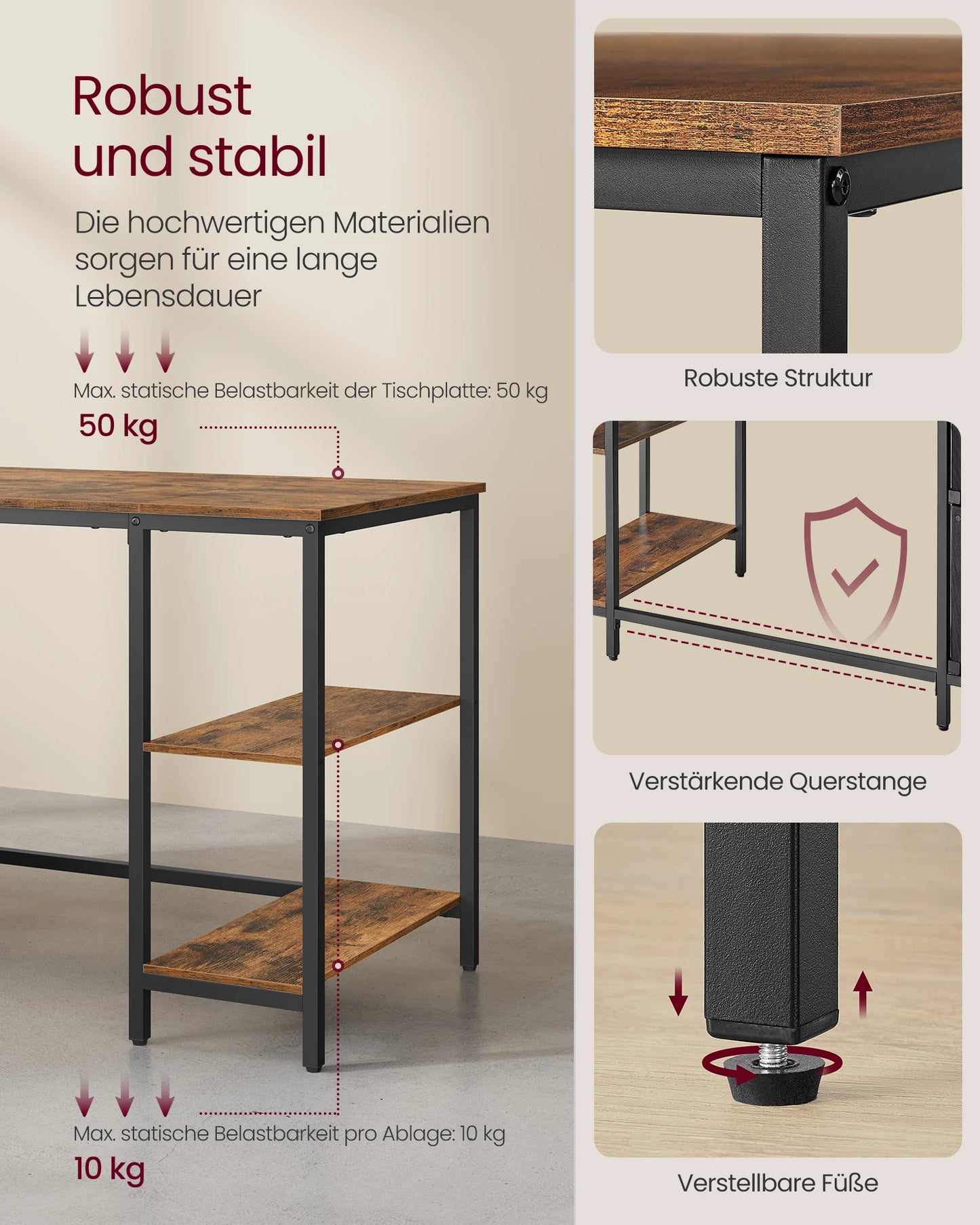 VASAGLE Computer table, office table, desk, with 3 shelves, 2 drawers, 60x140x76 cm, for office, living room