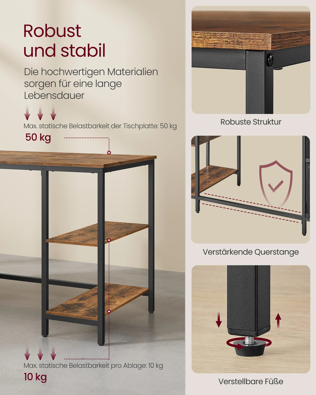 VASAGLE Computer table, office table, desk, with 3 shelves, 2 drawers, 60x140x76 cm, for office, living room