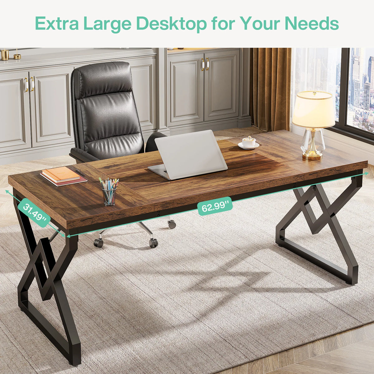 Tribesigns Executive Desk, Office Desk with Extra Thickened Wooden Tabletop and Metal Frame, Large 63 Inches Computer Desk