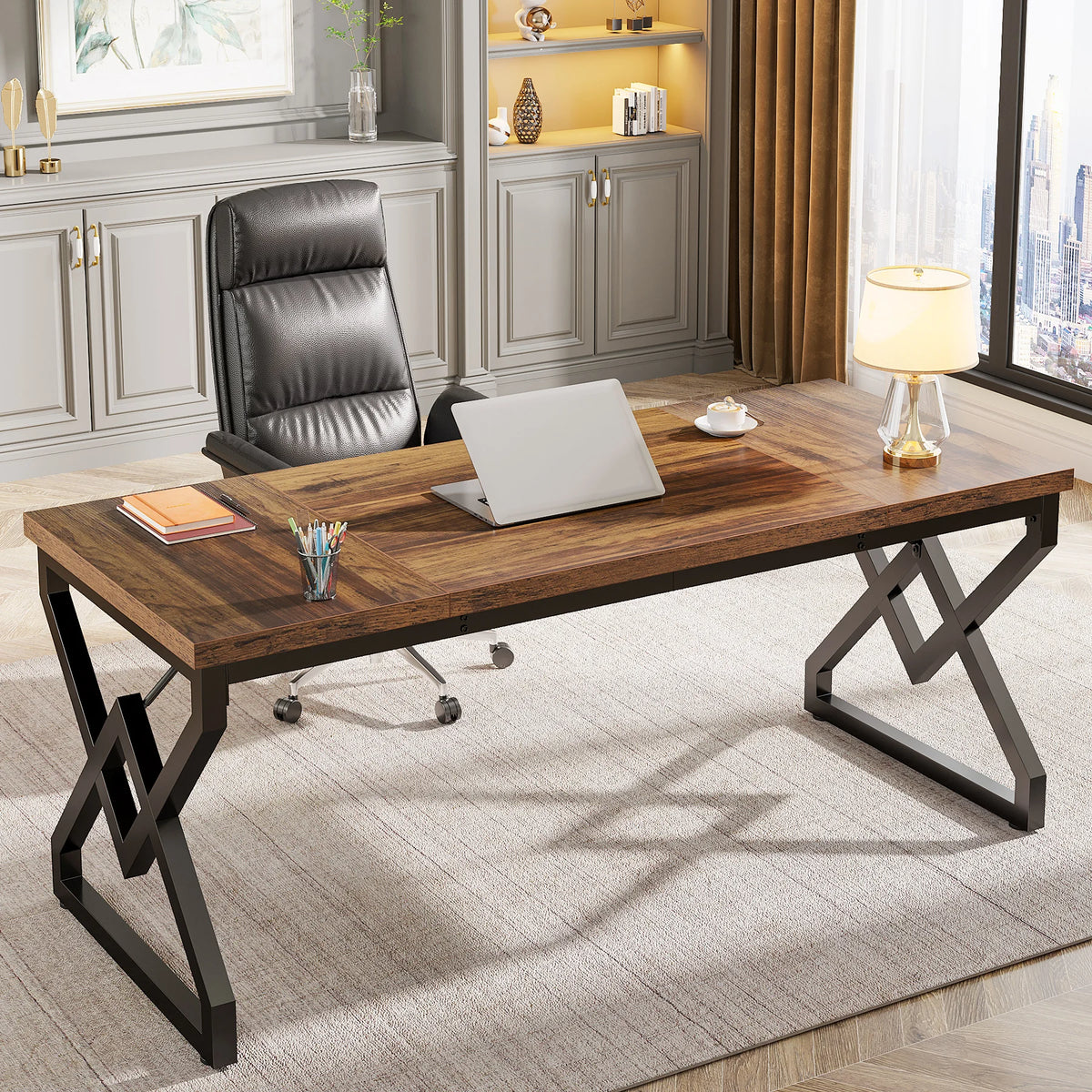 Tribesigns Executive Desk, Office Desk with Extra Thickened Wooden Tabletop and Metal Frame, Large 63 Inches Computer Desk