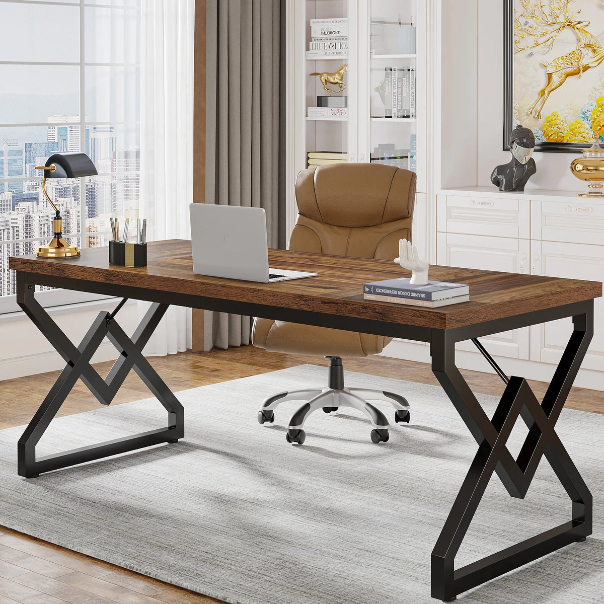 Tribesigns Executive Desk, Office Desk with Extra Thickened Wooden Tabletop and Metal Frame, Large 63 Inches Computer Desk