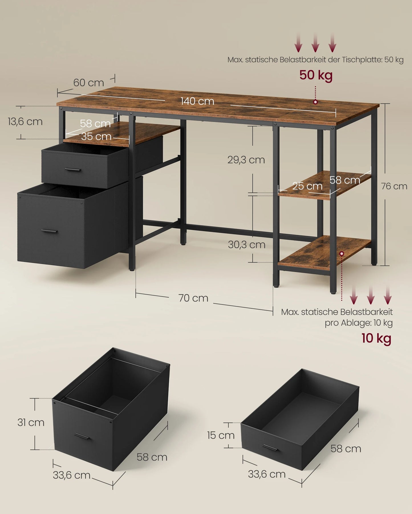 VASAGLE Computer table, office table, desk, with 3 shelves, 2 drawers, 60x140x76 cm, for office, living room