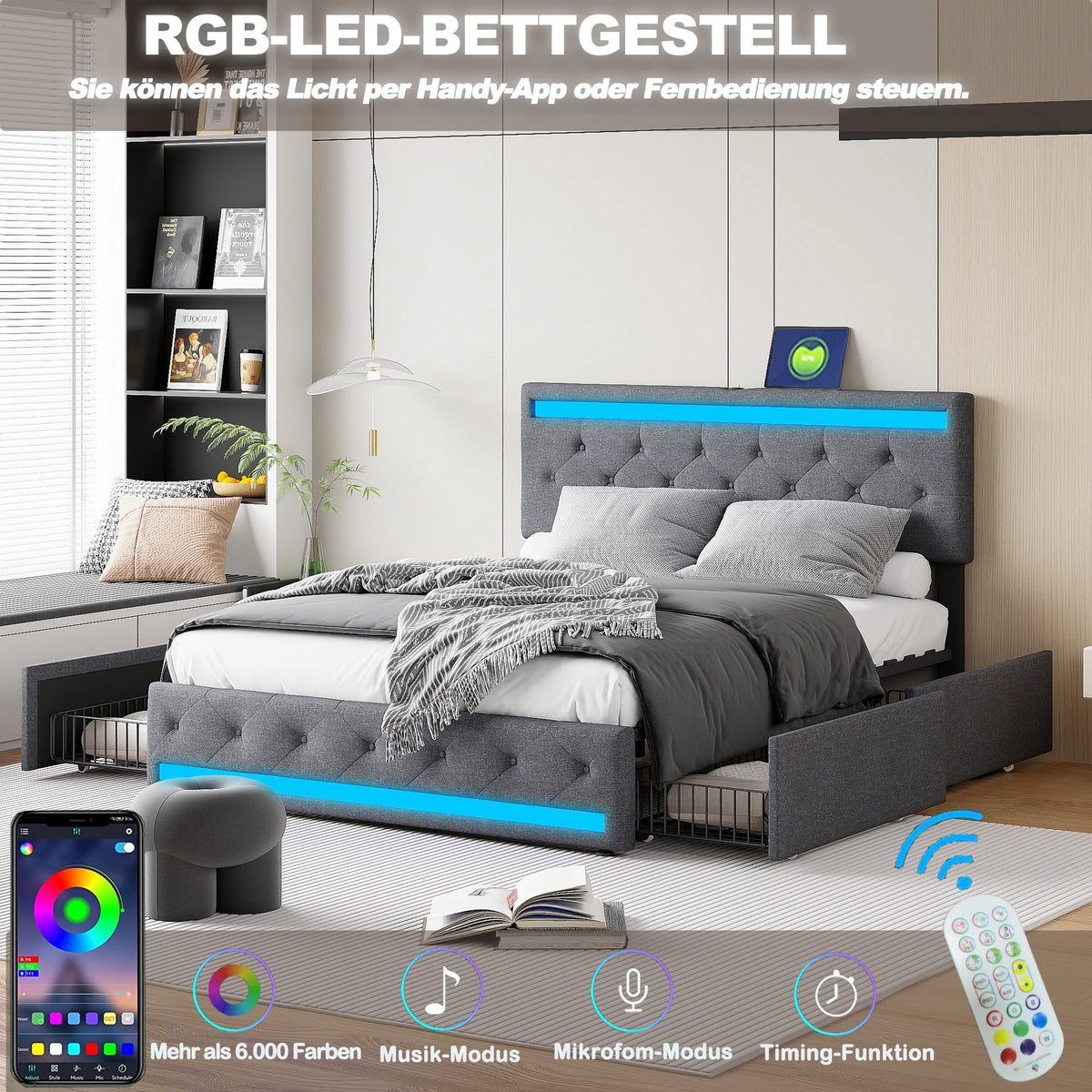 Fangange Upholstered Double Bed with LED Lighting, USB Charging Function and 4 Drawers, Storage Bed with Wooden Slatted
