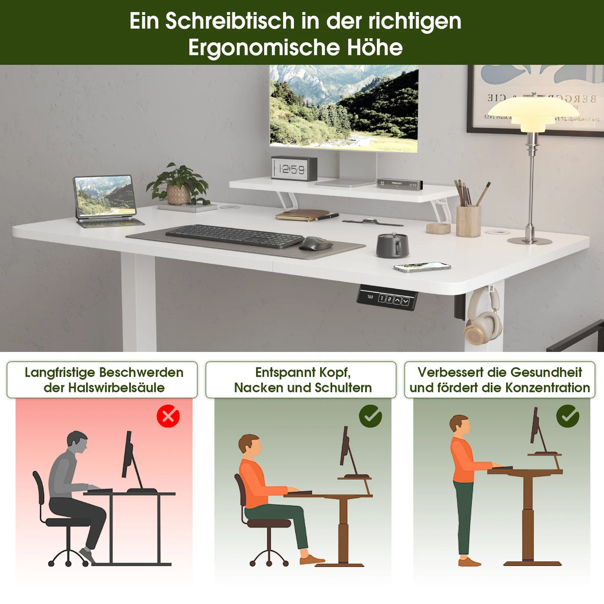 Devoko Height Adjustable desk Electric 160 × 70cm with Monitor Stand Ergonomic Seat Standing Desk (White)